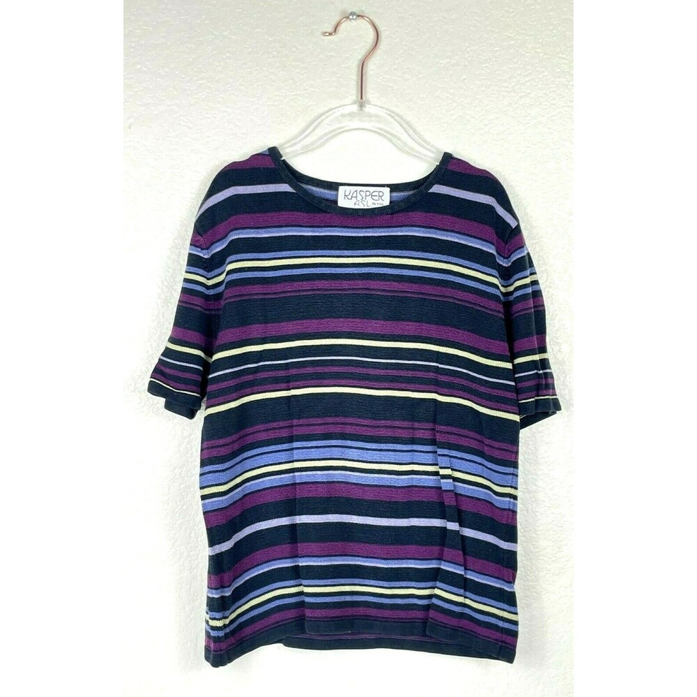 Kasper A.S.L. Petite Size 2P Vintage Black Purple Striped Short Sleeve Top